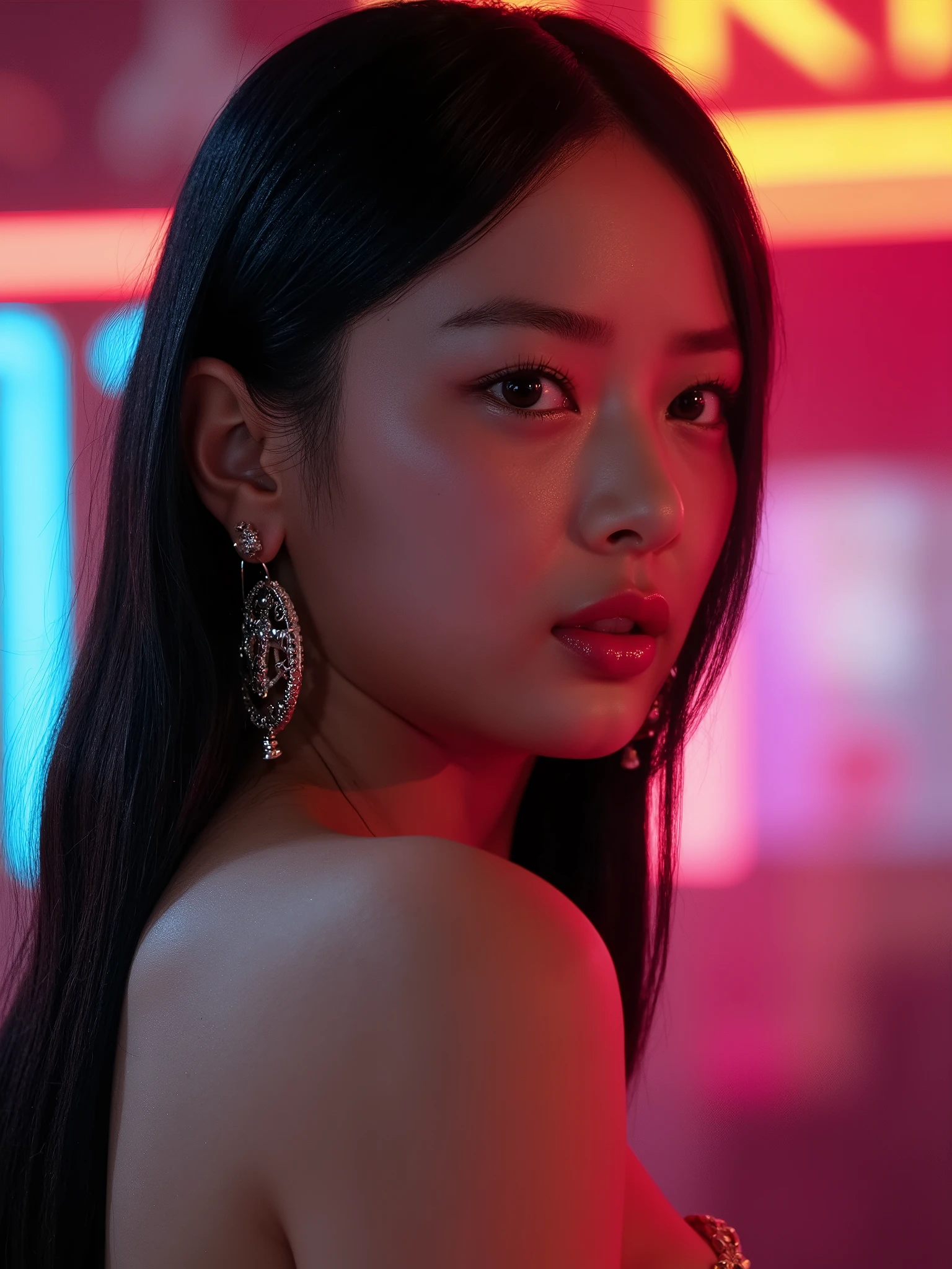 A Korean woman,The most beautiful and delicate face, Profile,bust, Not too big breasts, Her cleavage exposed, Looking at the audience, Half-length photo, Movie Lighting, glow, neon,With big earrings,The earrings should be exposed。