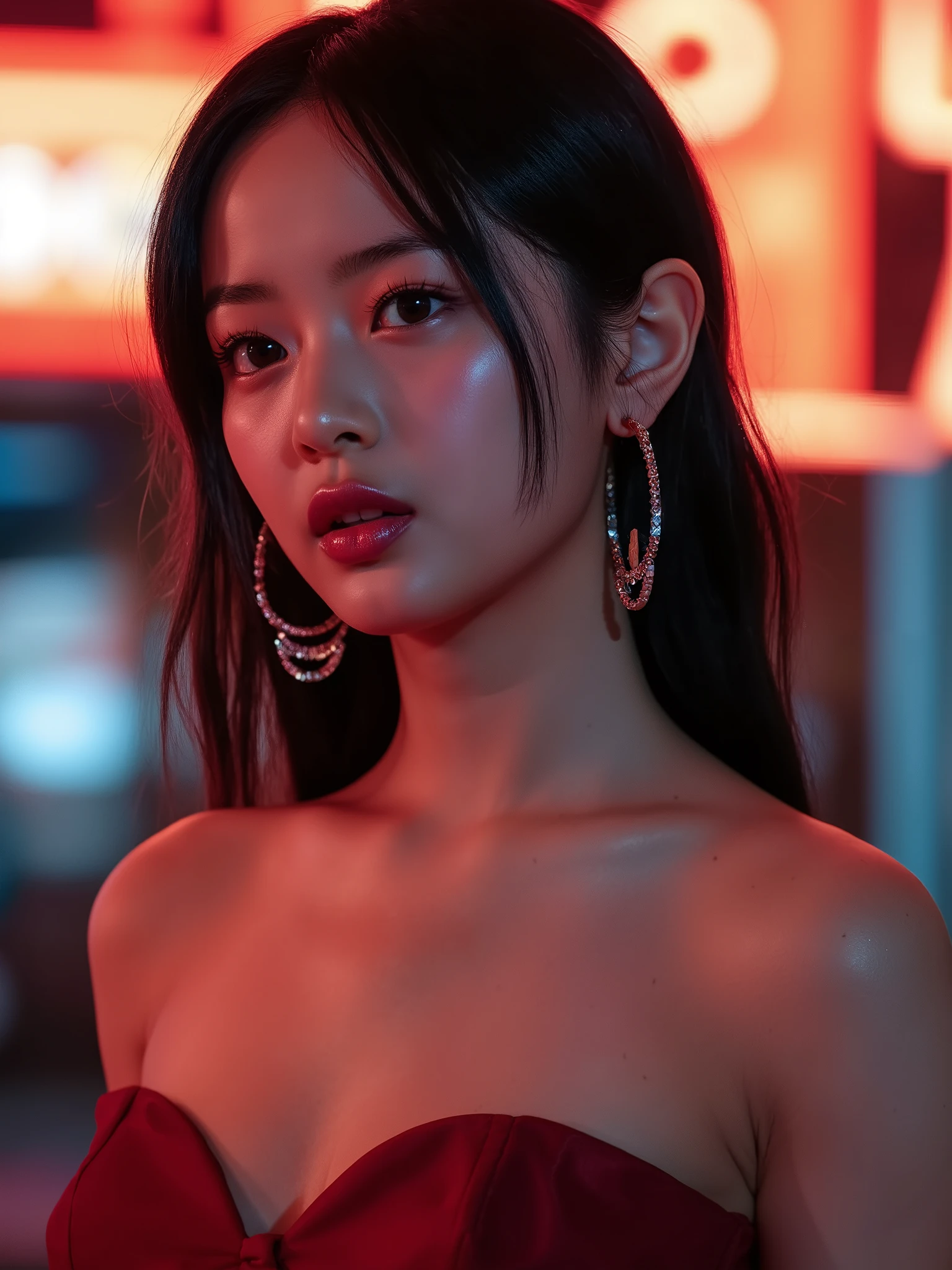 A Korean woman,The most beautiful and delicate face, Profile,bust, Not too big breasts, Her cleavage exposed, Looking at the audience, Half-length photo, Movie Lighting, glow, neon,With big earrings,The earrings should be exposed。
