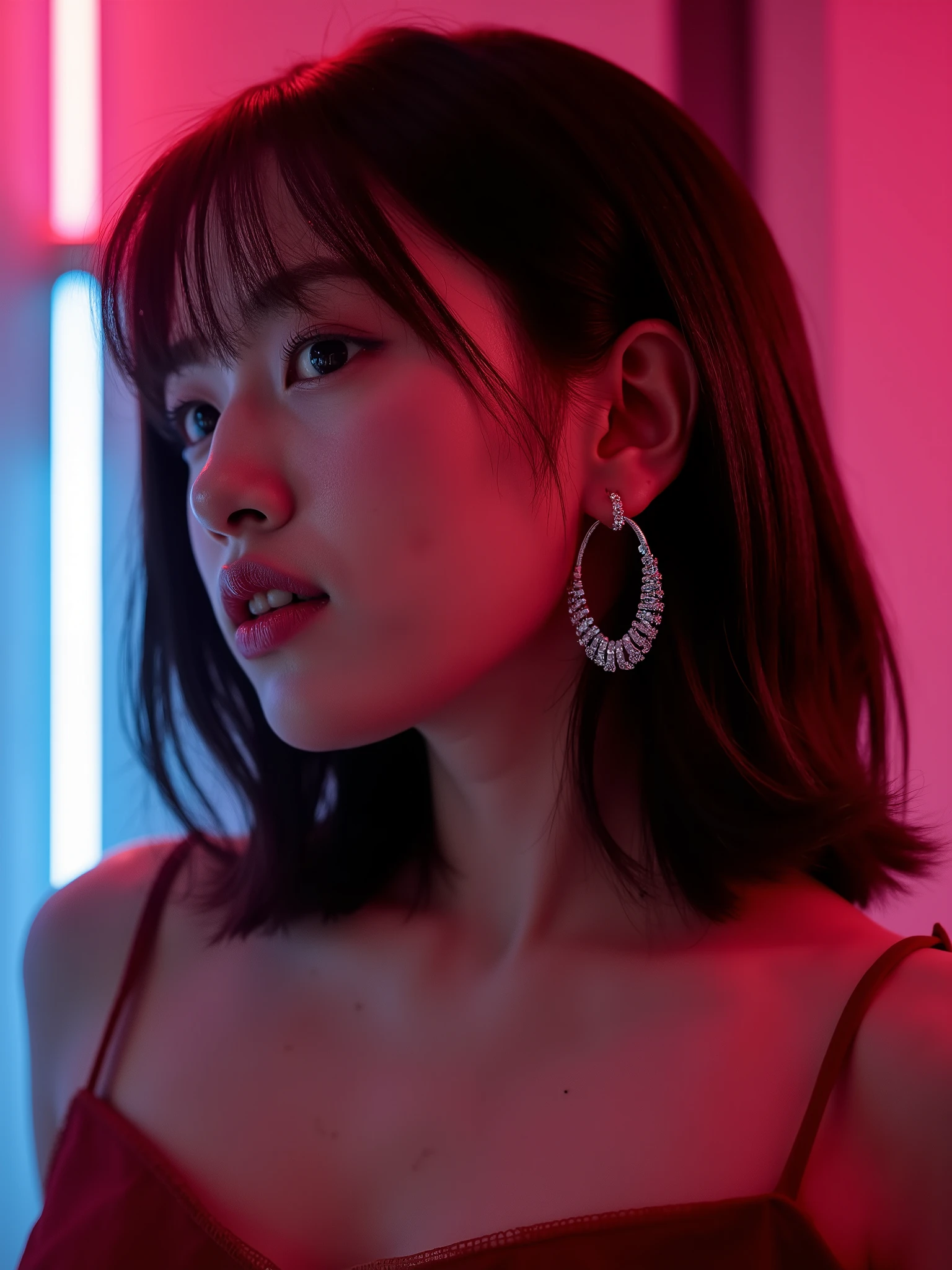 A Korean woman,The most beautiful and delicate face, Profile,bust, Not too big breasts, Her cleavage exposed, Looking at the audience, Half-length photo, Movie Lighting, glow, neon,With big earrings,The earrings should be exposed。
