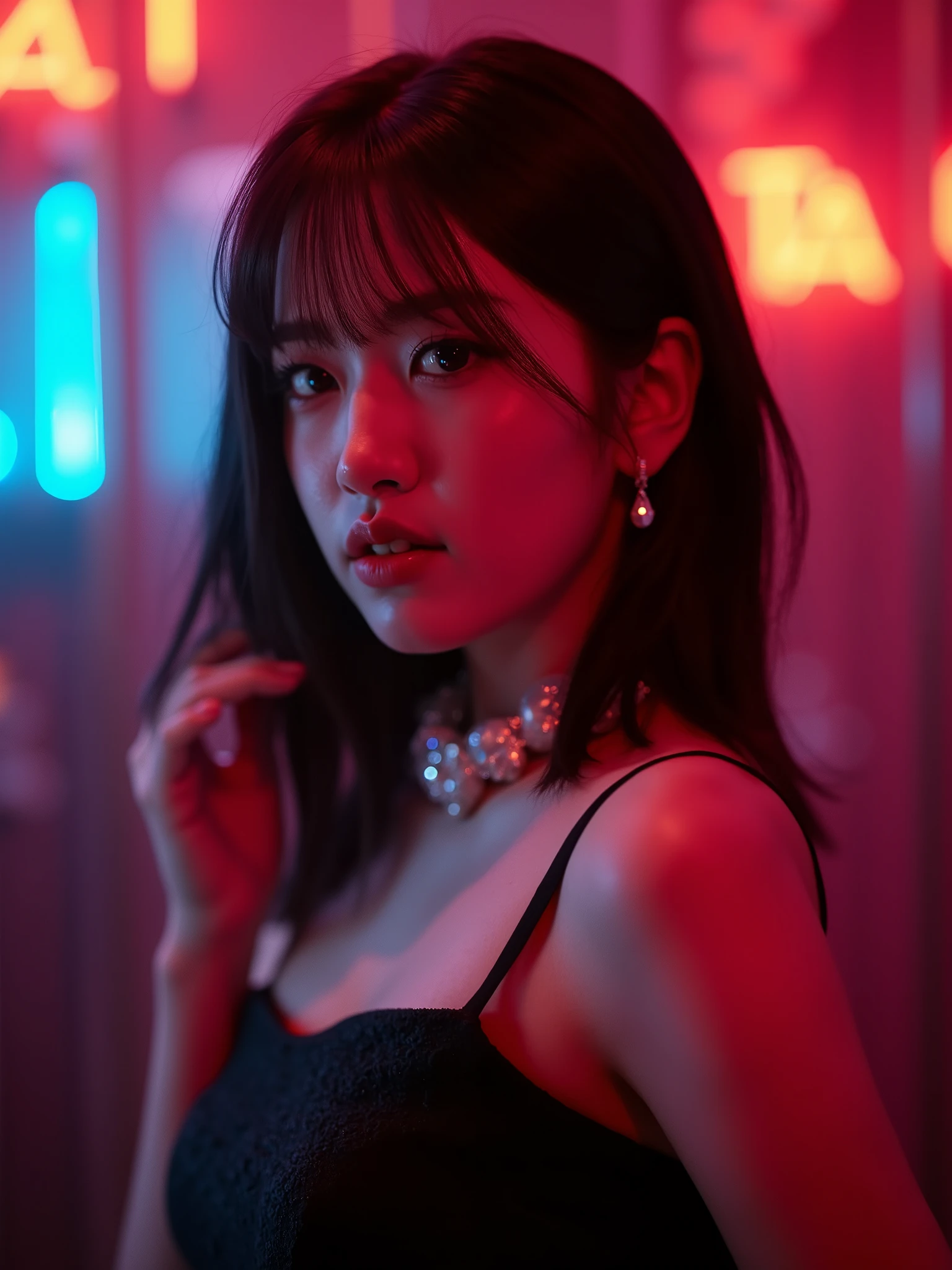 A Korean woman,The most beautiful and delicate face, Profile,bust, Not too big breasts, Her cleavage exposed, Looking at the audience, Half-length photo, Movie Lighting, glow, neon,With big earrings,The earrings should be exposed。