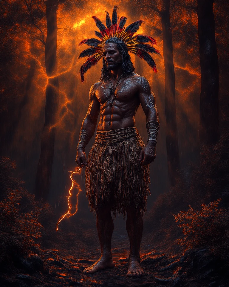 Brazilian Indian male black skin, shaman. Background: cinematic sand drilling, extreme realistic sunset, forest background, light particles, flowing hair, maximum focus, realistic body, realistic face, professional lighting, octane render, beautiful features, beautifully detailed clothes, unlimited light, magnificent, detailed skin texture, extreme details, cinematic lighting, (masterpiece), (ultra detailed), (ultra-HD), focus --auto --s2