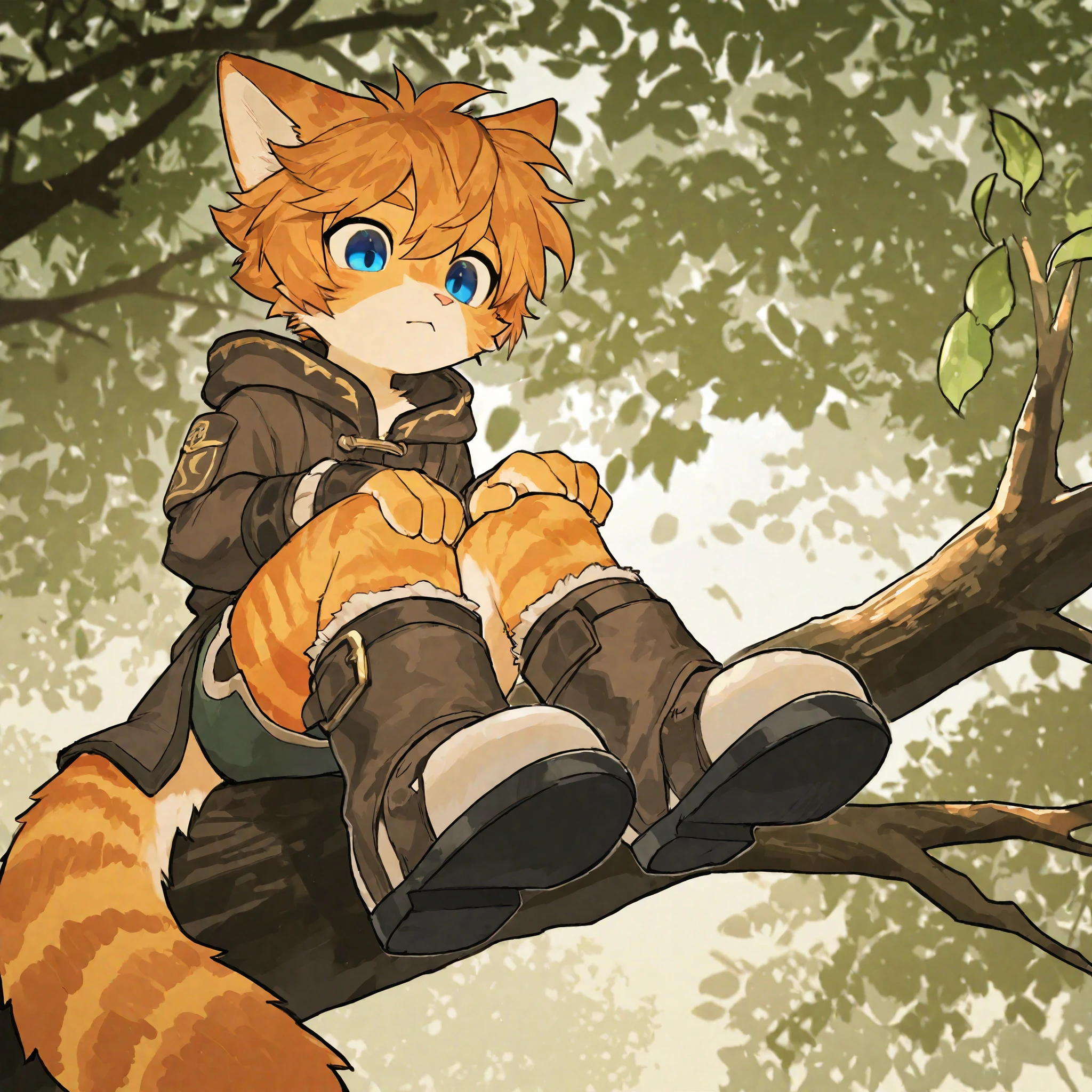 source_ furry， furry male，，((boy )),cat boy ,short hair,masterpiece, newest,absurdres, incredibly absurdres,  messy hair, cute anthro, Alone,Fantasy world，hand, perfect hand，boy  sitting on tree branch, Staring at the Audience 、Look down and stare、cutely grumpy、Alert, shorts， boots, magic balls at fingertips , dynamic composition looking at viewers、 Active Angle、leg focus、foot focus、 anime、blue eyes, BLUEIRIS,to milkytiger1145 , author： k0bit0wani ,( cute),boy 