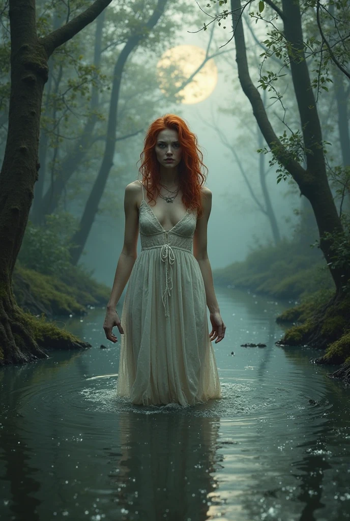 pale skin girl, green eyes and hip-length copper red hair in a lake wearing a long white floral dress with a slit at the leg, with two black souls behind her, and with hands stained in black up to the elbows and with head tilted back looking at the sky crying blood
