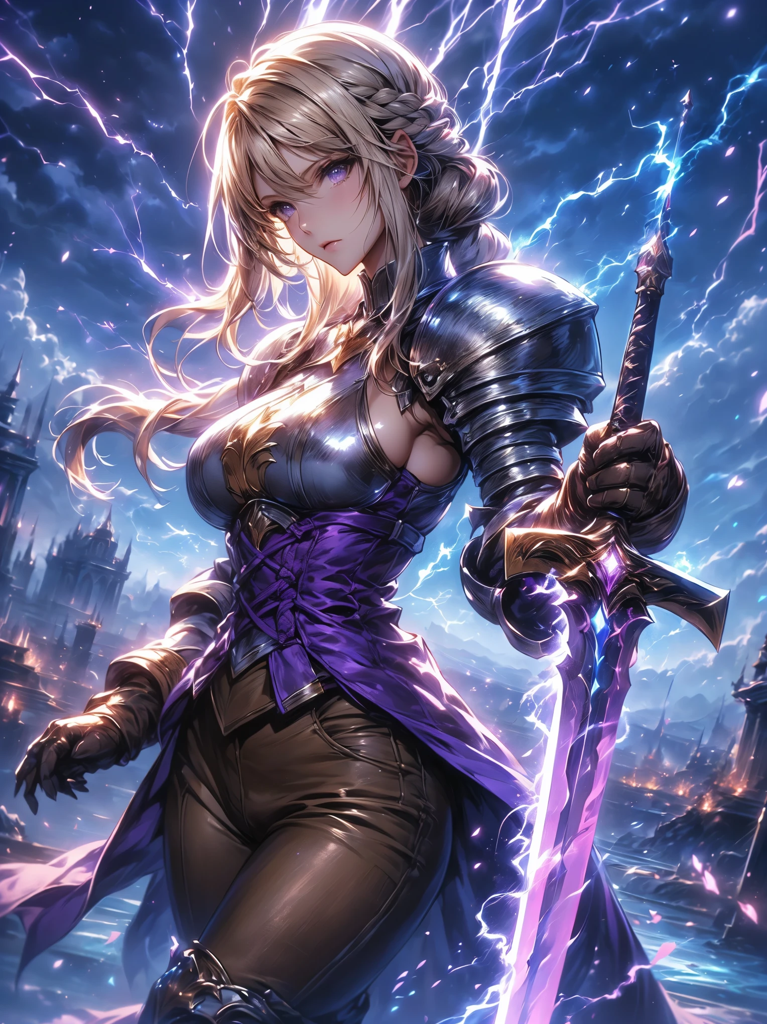 (Agrias Oaks\(Final Fantasy Tactics\),score_9, score_8_Excellent, score_7_Excellent, 32K ,Detailed Depiction 、 壊す A girl holding a 剣 in her hand, Luxurious Sword, Lightning-charged Sword,,blond hair, braided ponytail ,brown eyes,shoulder armor, armor, corsets,(brown pants:1.3), Knee pads, BLUE DRESS , brown gloves, pants, Cross Race Boots ,big breasts,dynamic pose viewed from the bottom of the back,fighting stance,Dynamic Angle,(\(Become, European Swords ,purple lightning sparks , glows blue\):1.4)\),(purple lightning sparksが彼女の全身から噴出する), Female Paladin Images , Anime Fantasy Art Destroys ,background\Long Hit,Dynamic Angle,a huge art structure made of very aesthetic chrome plated framework and glass, 青い月と星のbackground,Night Sky , (Alone:1.6 )(Best Quality)),(Ultra High Resolution),(Super Detail)