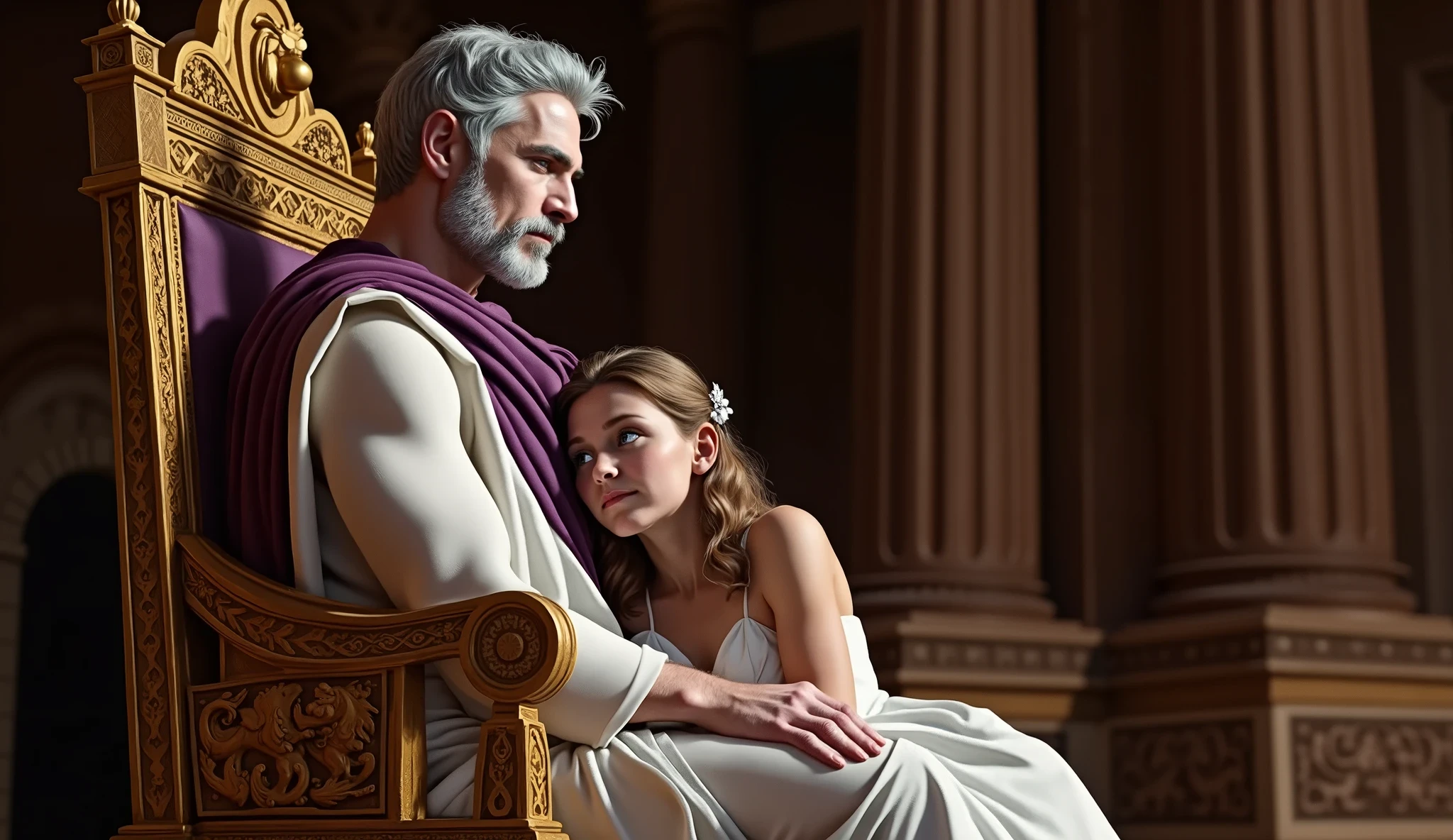 King Eurystheus sits on his wooden throne adorned with golden lions in Ancient Greece. He has white skin, a long beard, and gray hair, and appears to be about forty years old. At the foot of the throne, the princess, a young woman of 18 with long, wavy light brown hair, sits and hugs her father's legs. The scene is depicted in a realistic and epic film style, capturing the grandeur and atmosphere of Ancient Greece. The king looks at his daughter. The princess looks at the viewer. Both are wearing white robes. The king wears a purple cloak.