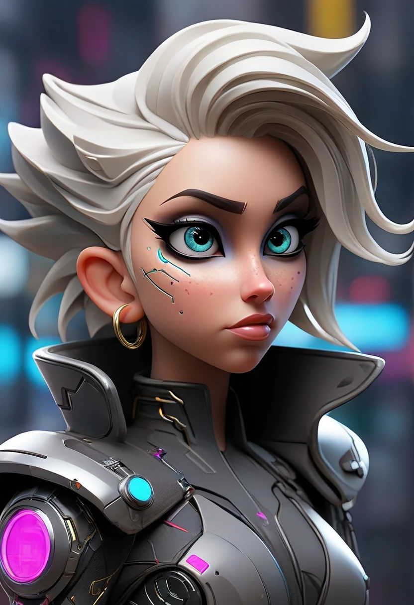 ((best quality)), ((masterpiece)), (detailed), perfect face, a beautiful woman with withe hair and a sky blue reflection, with sky blue eyes in a cyberpunk city with sky blue lights and she is half cyborg with no clothes.