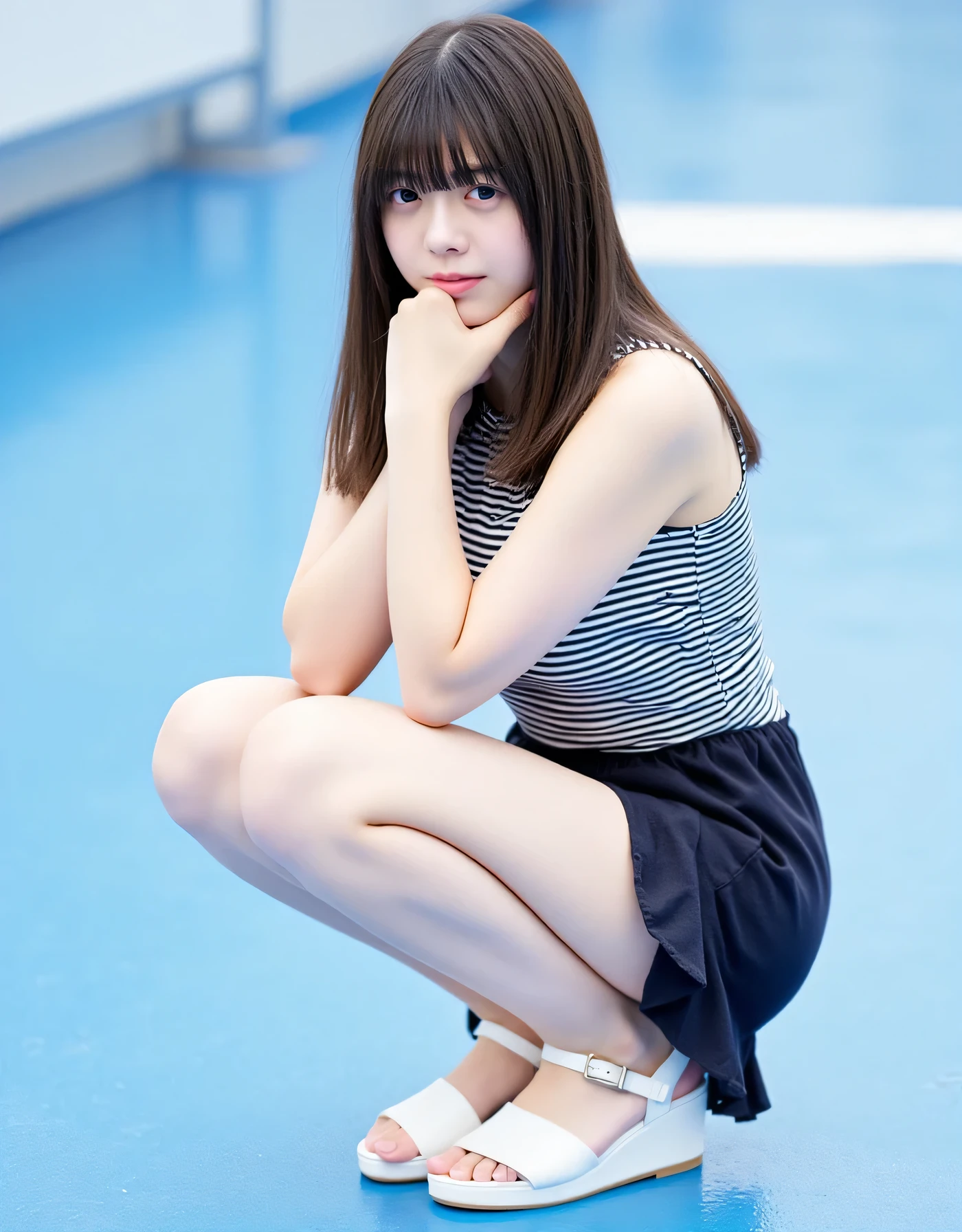  This image、shows a young woman named Nao sitting with her knees bent and one hand on her chin. She has half-length straight hair and bangs.   She wears a sleeveless top with black and white horizontal stripes  ,   and dark short shorts with ruffles at the bottom  , Show me her pure white thighs  .   She has white platform sandals with ankle straps  .   The background looks like an outdoor setting with a blue surface  .