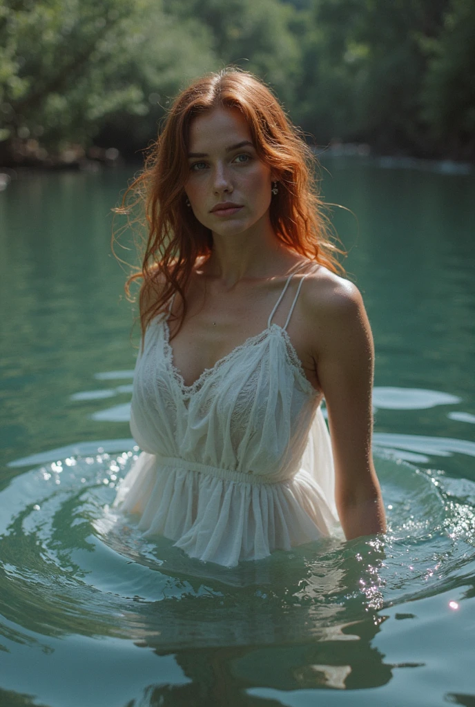portrait of a 26-year-old redhead, slim figure, some small freckles, dressed in a short lace nightie, sitting on a rock by a lake, feet to the sky, goosebumps, seduction, setting sun, cinematic rendering, 32K, RAW