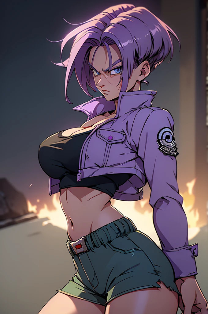 ((1girl)),((alone)),lady nagant,(masterpiece), (best quality), (ultra detailed), (best illustration), (best shadow), (absurdities), sharp focus, cowboy shot ,atmospheric perspective, depth of field, dynamic posture looking at the viewer, large breasts, narrow waist, wide hips, wide thighs, round butt, erotic, romantic, (very detailed eyes, lips 1.1), very detailed eyes, eyes, very face detailed, very beautiful face, full height, beautiful slim figure, femininity, expressive appearance, elastic big breasts, sexuality, Nagant, mature woman, purple hair, purple eyes, multi-colored hair, short hair, highlighted hair, pink hair, medium hair , bicolor hair, defined body, underwear, shorts, panties, breasts, open fly, ribbon, navel, large breasts, purple camisole, cleavage, smile, panties with bow, two sides up, abdomen, unbuttoned, black shorts, open shorts, denim, unbuttoned, Perfect and beautiful body, perfect and beautiful, closed mouth, smile, happy smile, blushing, (sexy pose: 1.2), ((solo)), standing: 1.3, ((out on the streets : 1, 5, city view: 1.5, streets: 1.5, city lights: 1.5, moon: 1.3, night: 1.4, metropolis: 1.4), looking ahead, ((focus on hips)), point of view: (from below), perfect anatomy, perfect hands