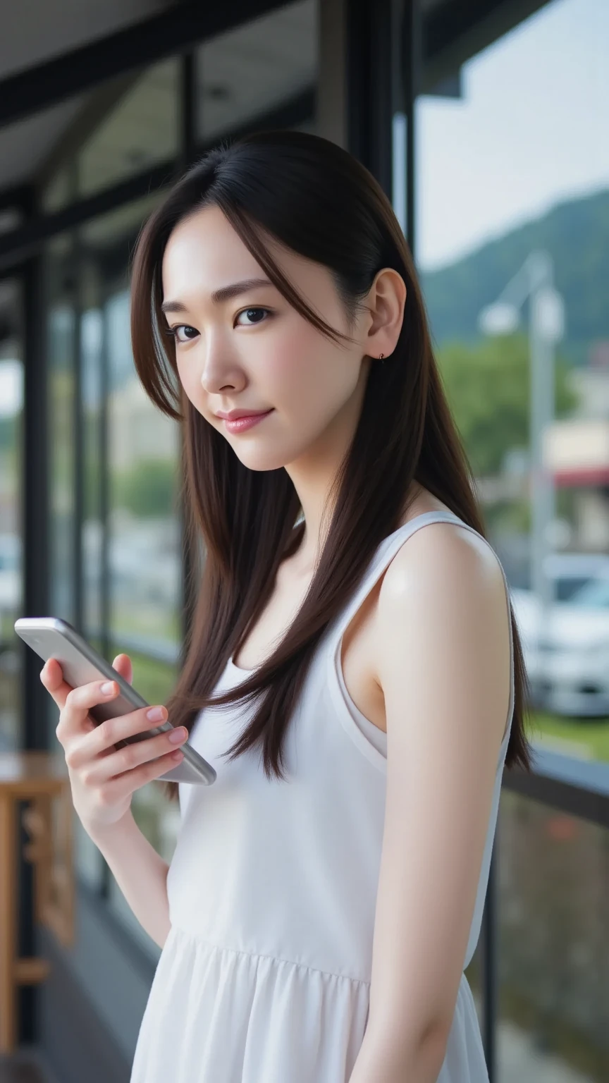 japanese woman, 35 years old, (realistic), (hyper realism), (photorealistic), (32K resolution), Depth of the bounds written, (Upper body:1.2), super detailed face, fine eyes, cute face, various expressions, different hairstyles, (small breasts:0.6), (very thin waist:0.7), casual clothes、Holding your phone in your hand、look back、
