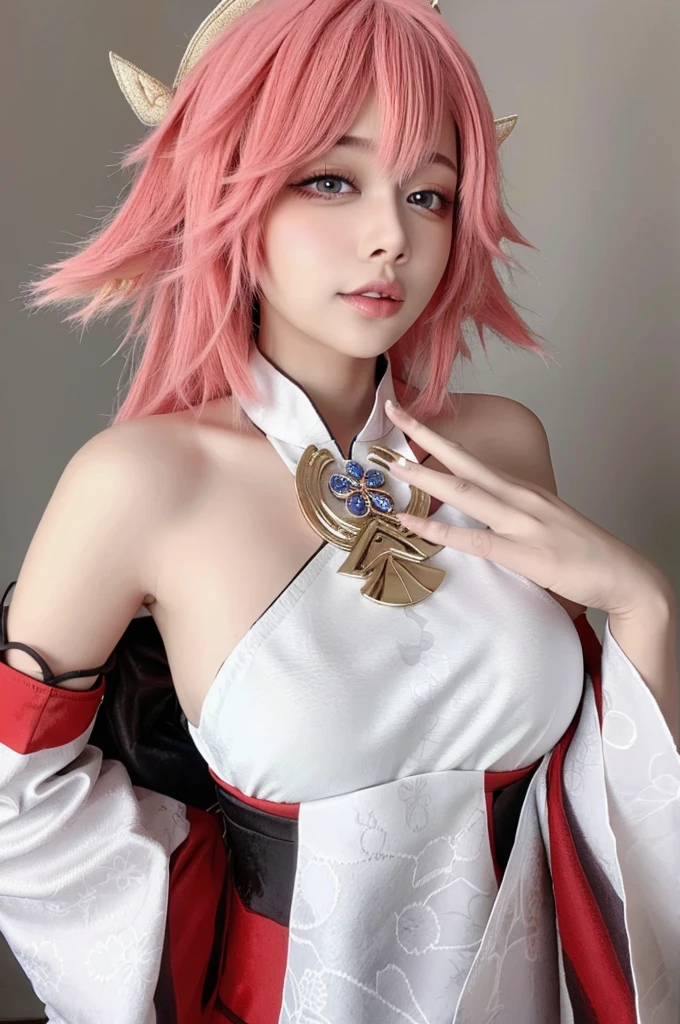 Yaw miko,pink hair, cosplayer,white and pink bikini,sexy and seductive pose, flat chest, background of a beach