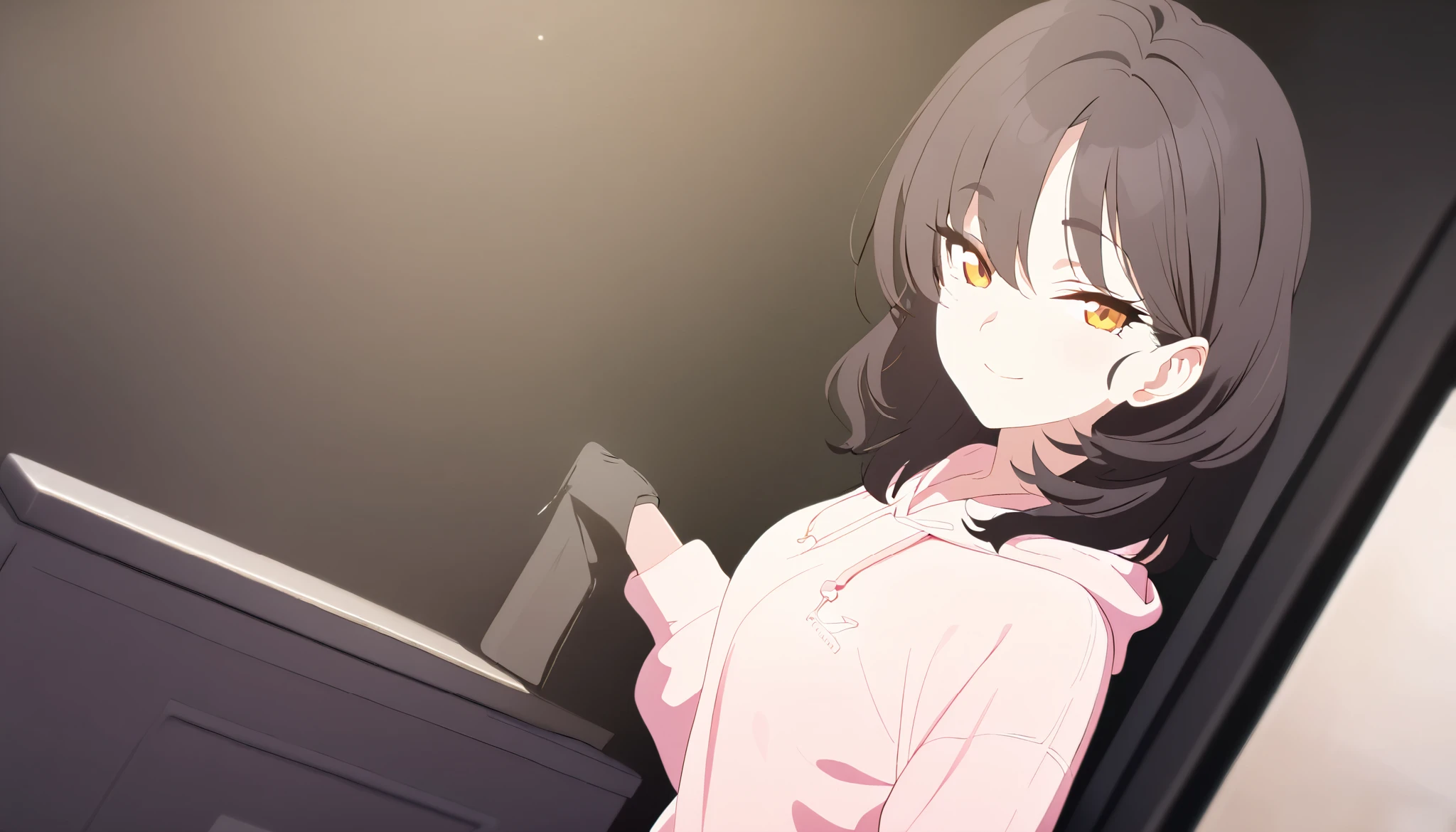 masterpiece, best quality, solo, 1girl, mature, dark brown hair, medium hair to shoulder, wavy straight hair, orange eye, small to medium breast, pastel pink hoodie, standing, looking at viewer, chill, smiling, black background only