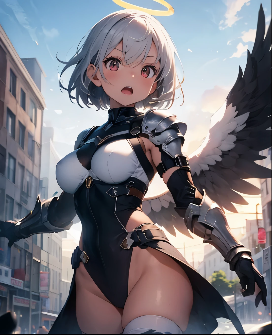 fantasy, 1angel_girl,, loli,medium_bob_hair, long_bangs, halo,bare_shoulder,thighhighs,silver_armor, waist_armor, large_breasts,angry,smile, grin,shiny_teeth,1pair_wings, dynamic_ pose_fighting,floating, bare_crotch, covered_nipples, covered_pussy,headgear,gauntlet, greaves,city_sky_background,slightly_spread_legs, solo, groin_naked,(masterpiece, best quality, best quality, official art, beautiful and aesthetic:1.2), (1 girl), very detailed,