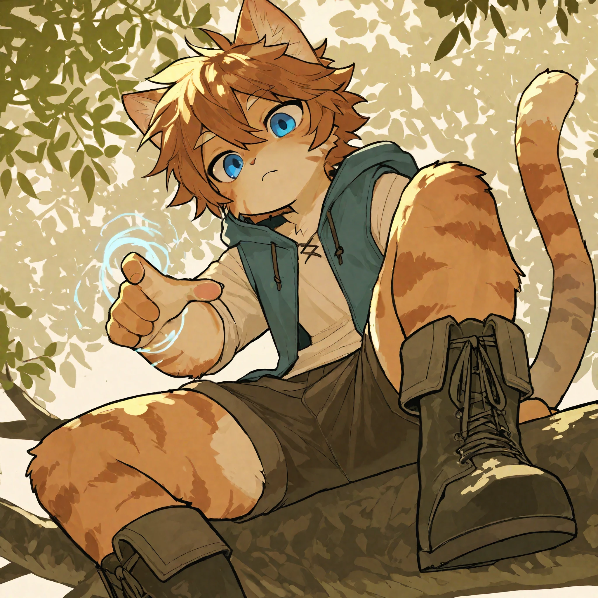 source_ furry, furry male,,((boy )),cat boy ,short hair,masterpiece, newest,absurdres, incredibly absurdres, messy hair, cute anthro, Alone,Fantasy world,hand, perfect hand,boy sitting on tree branch, Staring at the Audience 、Look down and stare、cutely grumpy、Alert, shorts, boots, magic balls at fingertips , dynamic composition looking at viewers、 Active Angle、leg focus、foot focus、 anime、blue eyes, BLUEIRIS,to milkytiger1145 , author: k0bit0wani ,( cute),boy