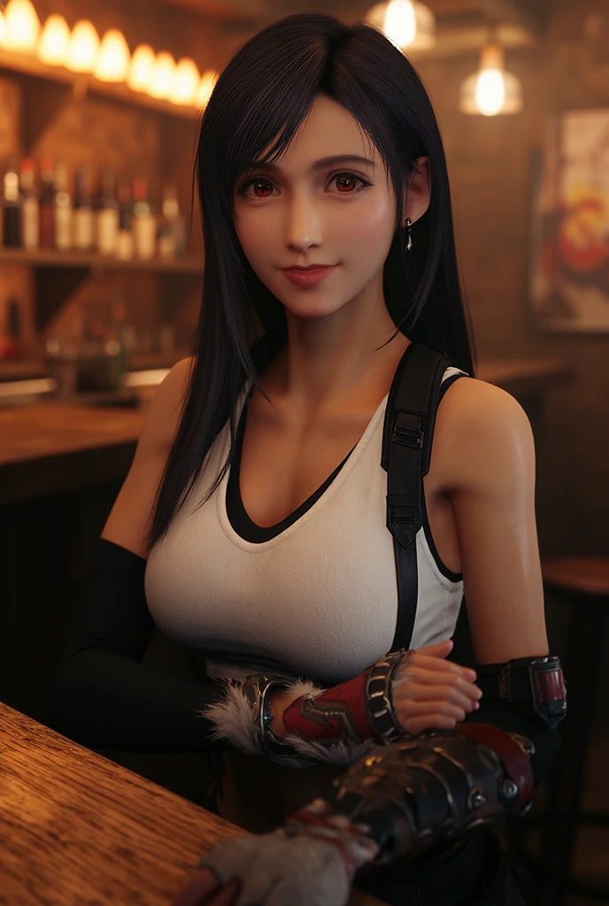 Tifa Lockhart, Tabletop, Highest quality, Deftifa, White Crop Top, Elbow pads, Fingerless gloves, suspenders, Pencil Skirt, Upper Body, View your viewers, Leaning forward, smile, bar counter, grassland、Real、Realistic portrayal、