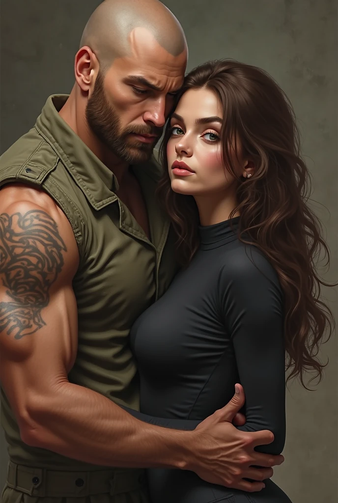 image in drawing, a carpenter in a dirty old tank top, with a blue cap, the stubble, e a appearance of 45 years. Next to him a woman with a red dress tight to her body, black hair and tied up, with a loose lock of hair, appearance of 45 years
