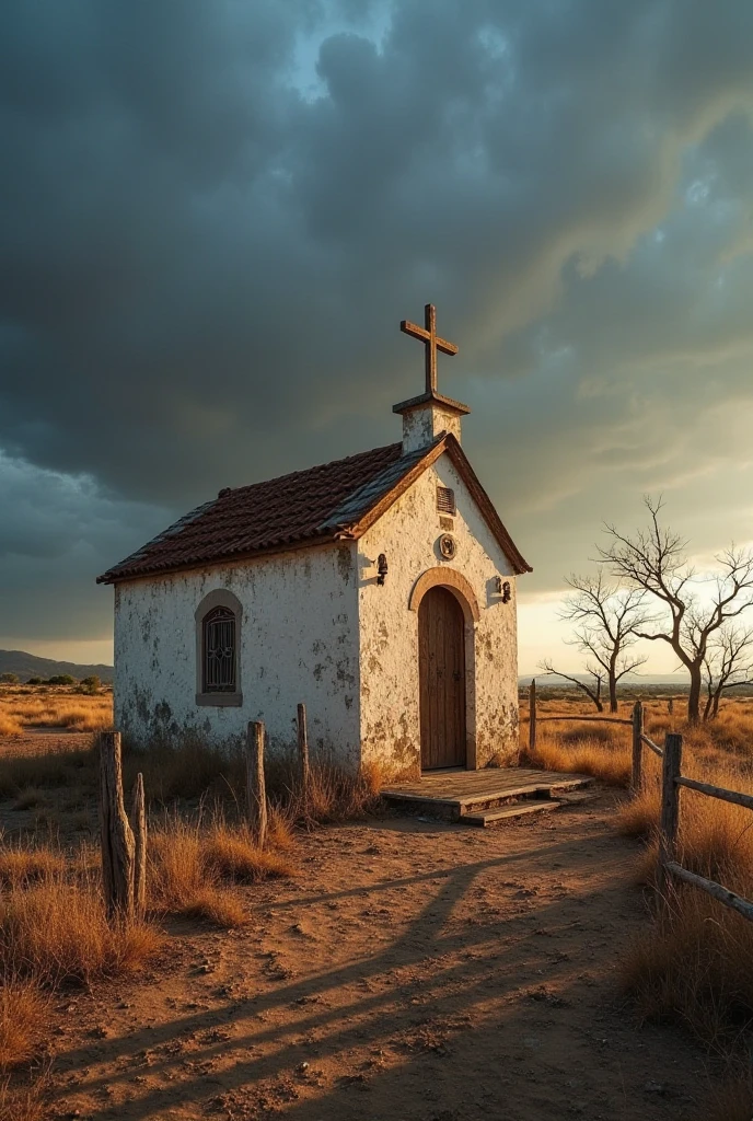 documentary photo of a small church on top of a hill, clouds in the sky, watched through lens magnifier, extremely detailed, 8K, apocalyptic punk style, miniatures, macro photography in close-up, view from below, low angle shoot, Fujifilm X-T4