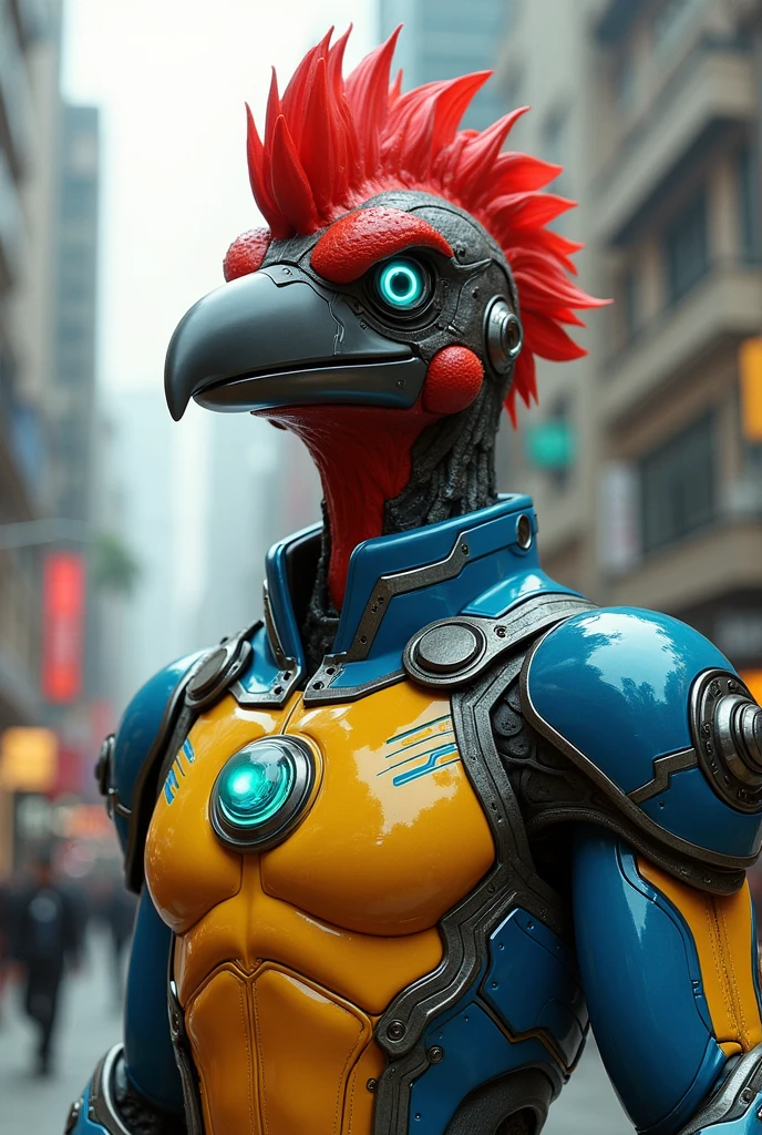 Humanized macaw with muscular feathered body and Disney-style engineer helmet