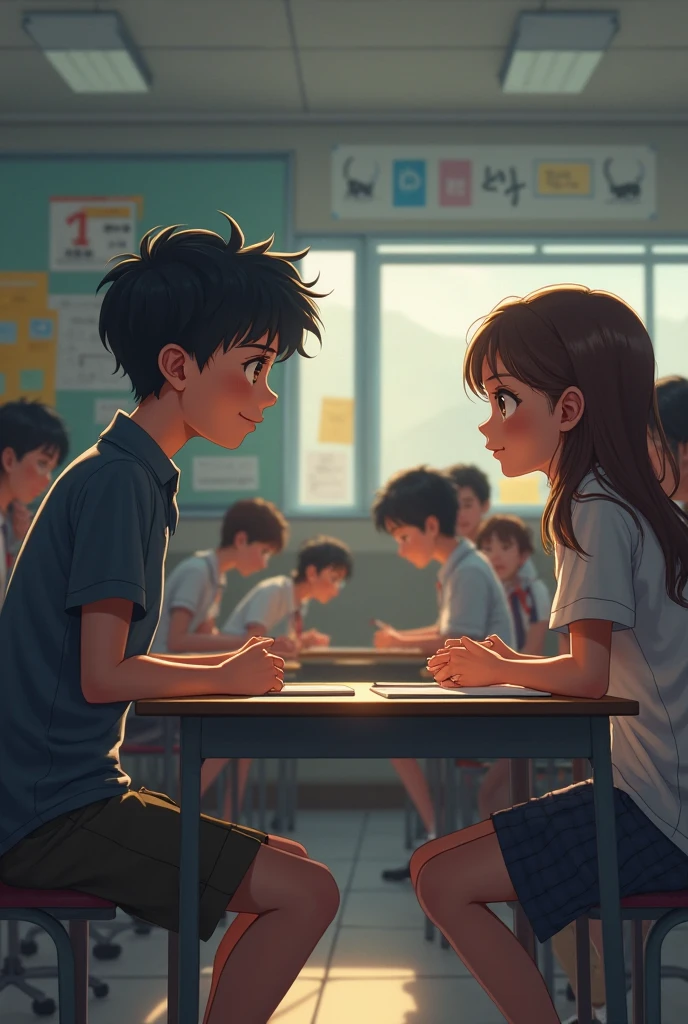 A Long light Brown Hair Girl, very cute, large breasts, cute eyes, very pretty, pail White skin, sitting in Front of an antisocial black haired highschool Guy ON the desk, they are near each Others and realize they are in Love with each Other and Blush 