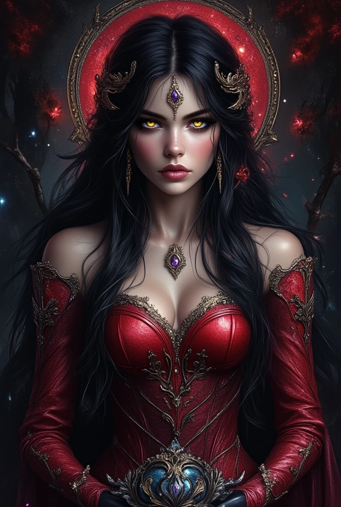 a woman with red hair and black cats ears is posing in a dark room, dark fantasy style art, beautiful elegant demon queen, in style of dark fantasy art, fantasy dark art, dark fantasy art, epic fantasy art style, 4k fantasy art, detailed fantasy digital art, epic fantasy digital art style, detailed fantasy art, extremely detailed artgerm