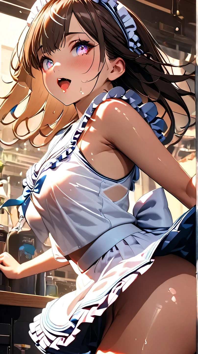 Highest quality, Super detailed, masterpiece, Ultra-high resolution, 8k, High Contrast, Cowboy Shooting, Embarrassing, blush, Lovely, With tears in her eyes and her mouth open, drooling, wet, soaked, arms behind head, wariza, [1girl, satono diamond \(umamusume\), umamusume], medium breasts, (off-shoulder white shirt, micro mini skirt), (cleavage out), crop top navel, Waistline, (Shower room, I take a shower), from above