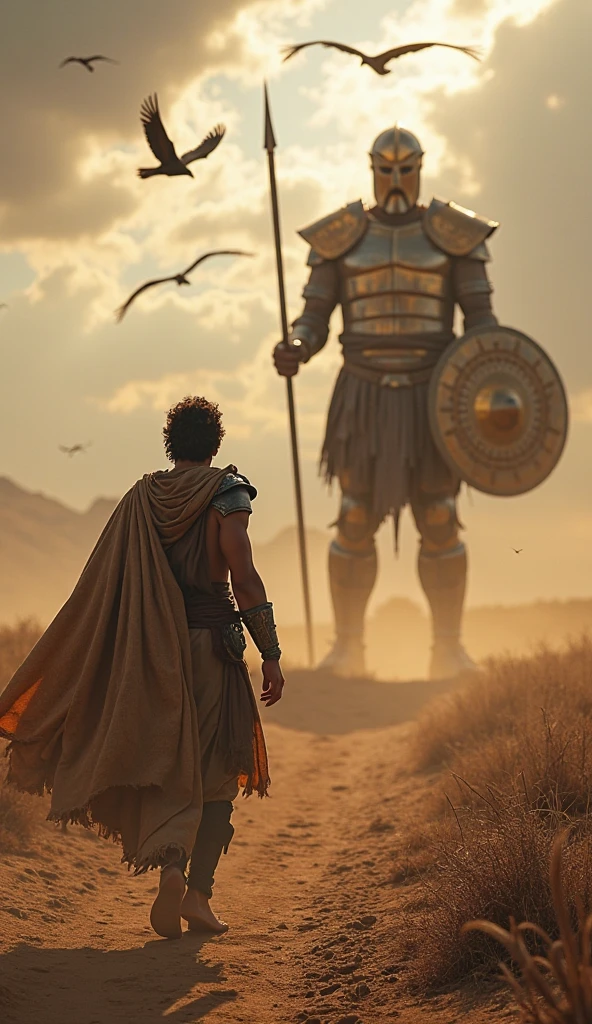 King David, adolescent, FIGHTING GOLIATH, red hair, SHEEP SHEPHERD&#39;S CLOTHING, WITH A STONE AND A SLING IN HIS HANDS. 8K realistic picture.

