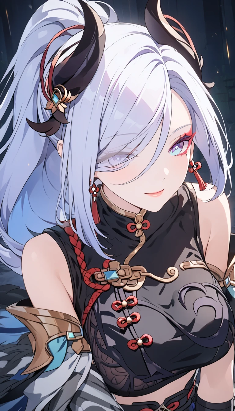 ((masterpiece)), (looking at viewer:1.1), (cowboy_shot:1.2),
BREAK
1girl, mature_female, white_hair, long_hair, horns, <lora:EPfeZephiaV2:0.8>, EPfeZephiaV2,