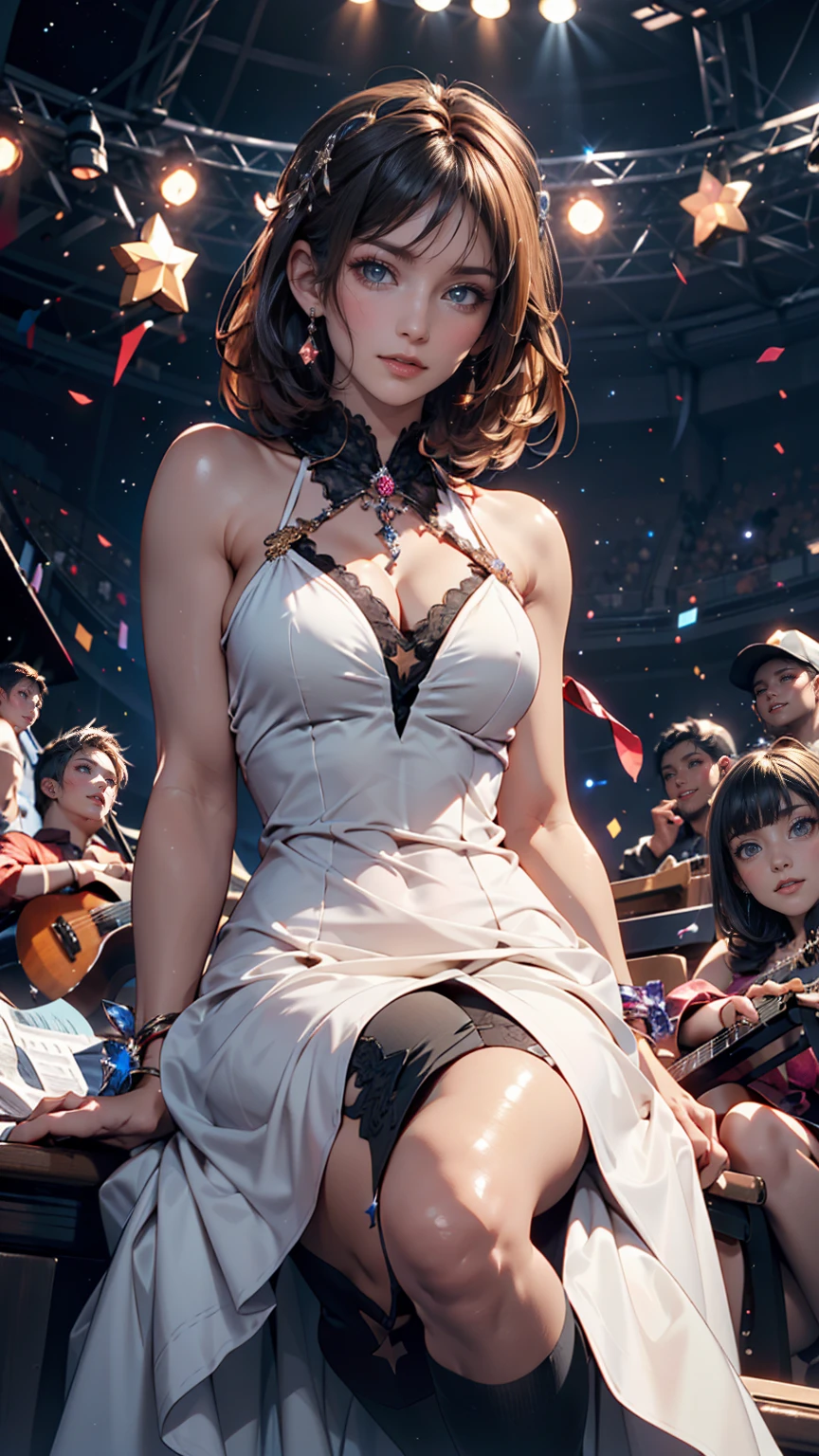 masterpiece, best quality, 1girl, cowboy shot, long hair, hair ornament, medium breasts, idol clothes, pink dress, bare shoulders, sleeveless, wrist cuffs, detached sleeves, idolmaster, earrings, black choker, concert background, HD, 64K,