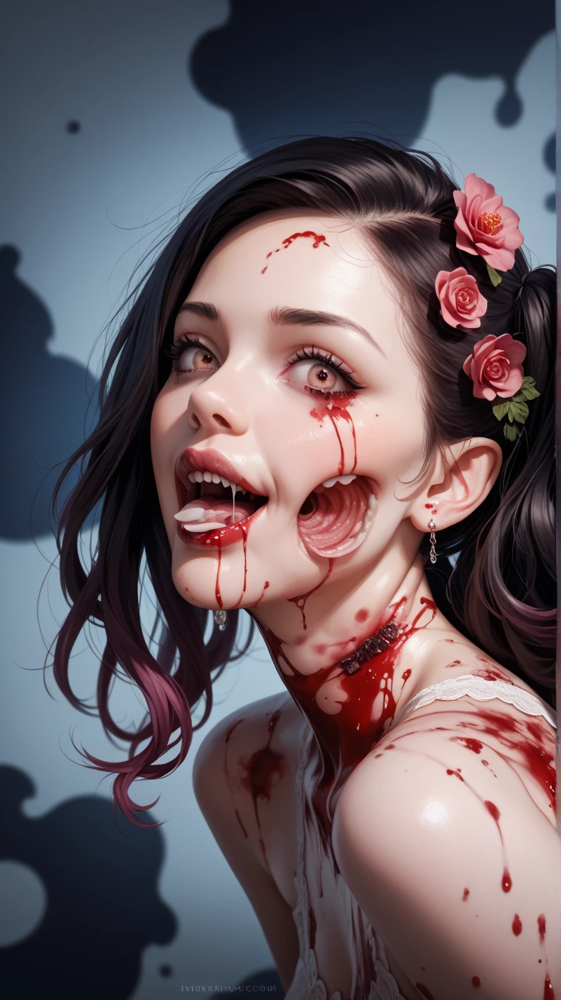 a close up of a drawing of a mouth with goteo de sangre down it, goteo de sangre from mouth, boca roja, sangre alrededor de los labios, Alex Pardee, goteo de saliva, sangre goteando, Michael Hussar, Dientes babeantes descubiertos, goteo de sangre, goteo de sangre down the head, cara ensangrentada, sonrisa de horror, a punto de consumirte, sonrisa malvada, colmillos y babas