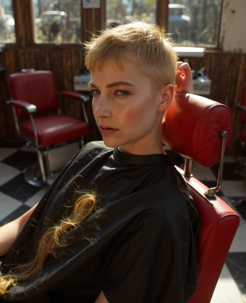 A portrait of a blonde woman named st3v13 with a buzzcut and a concerned expression. Dramatic lighting casts down upon her as she sits in a classic red barber chair, a black hairdressing cape draped over her. Fallen blond hair is scattered across the cape. She is posing with her hand on the back of her head. It is late afternoon in the summer, sunlight hitting the black and white tiled floor of the classic main street barbershop.
