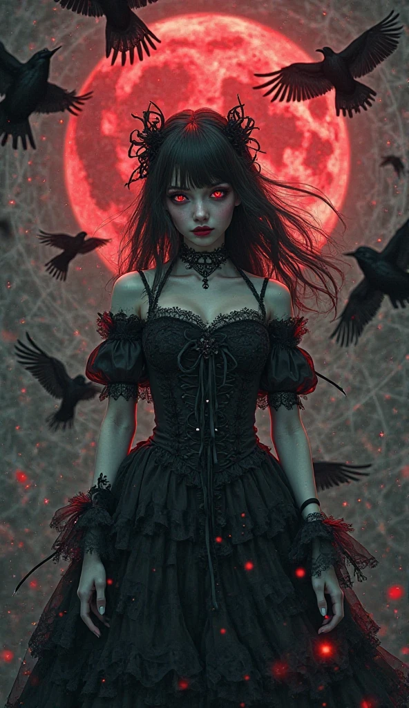 ((best quality: 0.8)), ((masterpiece)), (detailed), 1girl, Beautiful face, long, brown, wavy hair, short black dress with long sleeves, black and gray striped socks, black boots, red eyes beautiful, fair skin, skull tattoo, beautiful smile.knife in hand,(glowing eyes:1.4), (Blood face) horror, creeppypastas, blood moon background