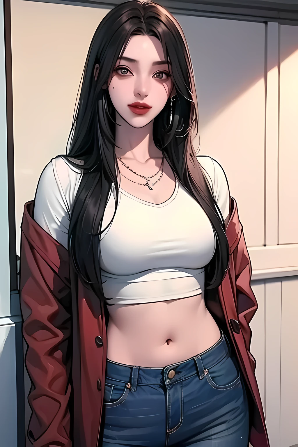 good anatomy, high-res, modern england clothes, good clothes, great fashion, , beautiful young woman, pale skin, hazel eyes, soft red lipstick, soft black eyeliner, makeup, university clothes, university uniform, standing, posing, hiding hands, confident, earrings, necklace, black long hair, university student, red open jacket, crop top, jeans, anime hairstyle, fit abdomen, perfect abdomen