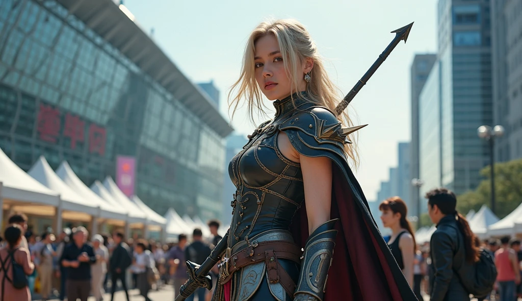 A girl warrior is fighting a monocular giant、Ultra-precise photography、Girl warrior wears leather armor、Confront the giants with a huge sword in your right hand、The skin of a giant is like a reptile、