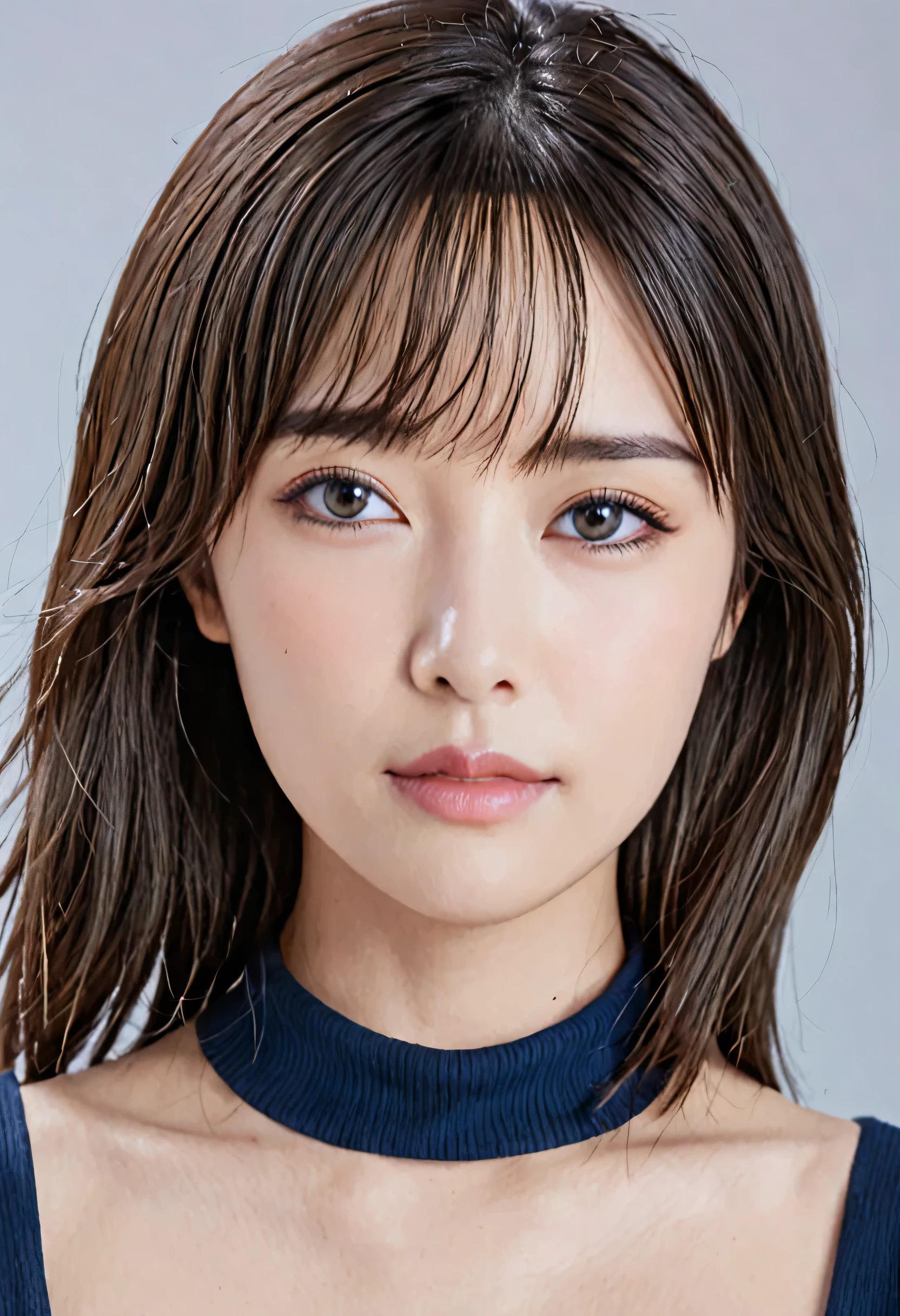 perfect face, feminine, black hair, black eyebrows, brown eyes, thin lips, dark blue shirt, (large breasts:1.2)