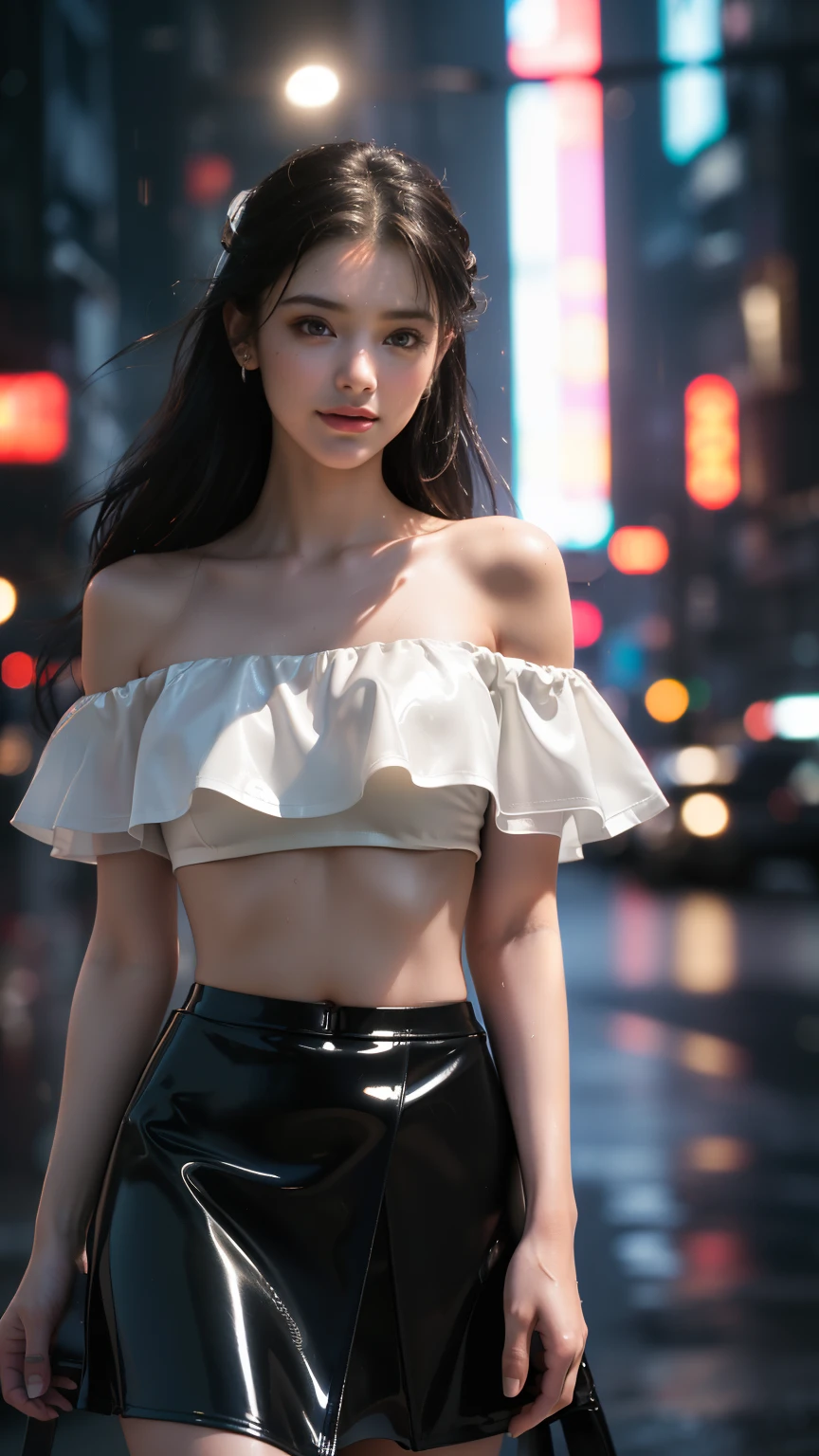 ((Realistic lighting, Best quality, 8K, Masterpiece: 1.3)), Focus: 1.2, 1girl, Perfect Figure: 1.4, Slim Abs: 1.1, ((Dark brown hair)), (White dress: 1.4), (Outdoor, Night: 1.1), City streets, Super fine face, Fine eyes, Double eyelids,