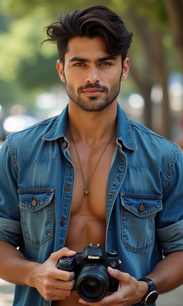 Male, brunette, muscular, blue eyes, light skin, small beard, hunter eyes, Mexican, cowboy USA, masculine, ranchero, naked