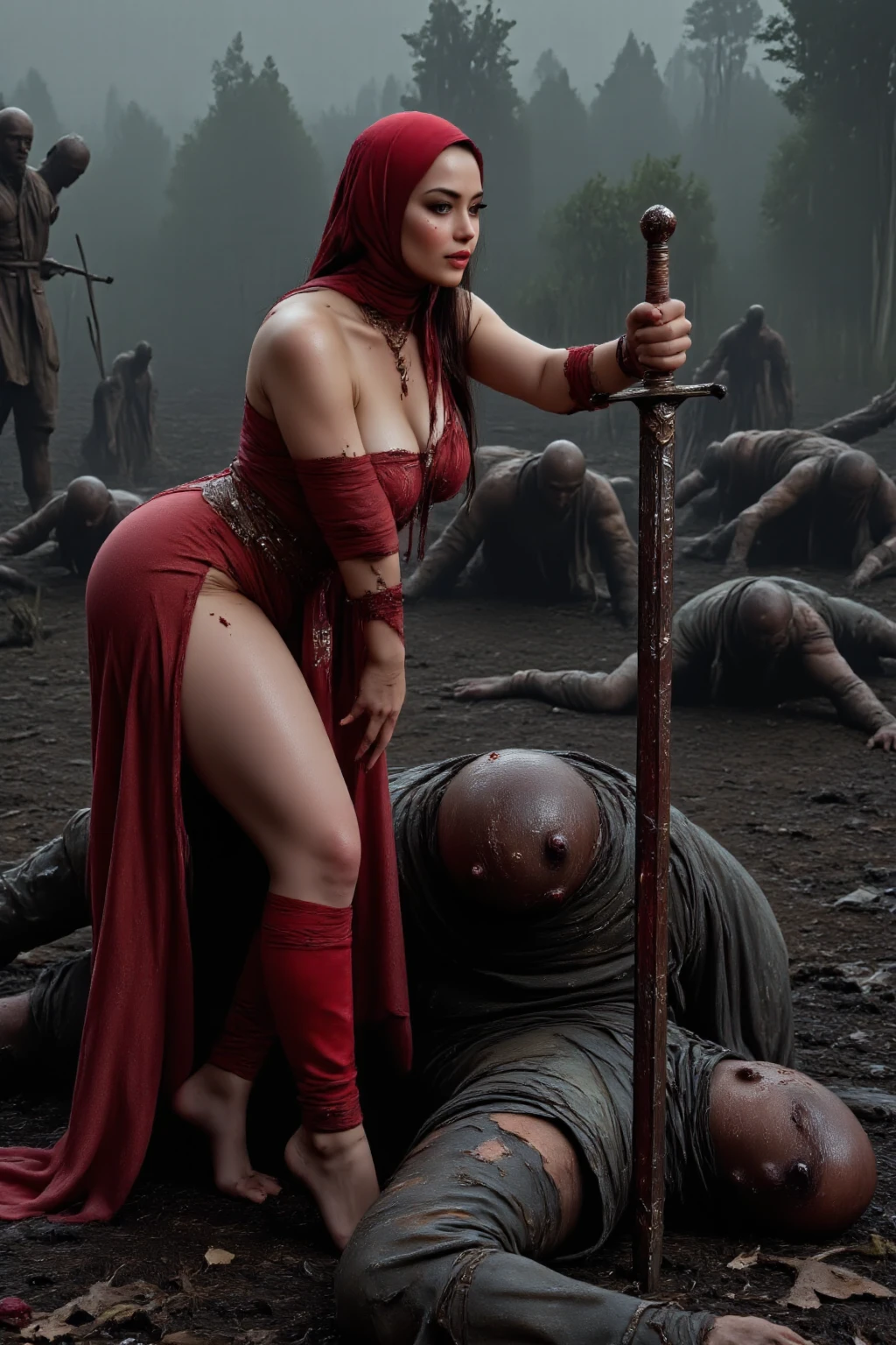 ancient empire stone temple fire, red light, ancient imperial priestess standing spreading legs, the body wet dirty, the body scratched covered with ancient signs, the body red paint painted, night darkness shadow, shaved hairy, the hood lace, hairs very very long, fog smoke, the cloak long lace, fullbody skin, super detail, anatomically correct, masterpiece, accurate, skin textured mole, face perfect beautifull, transparent lace shirt long