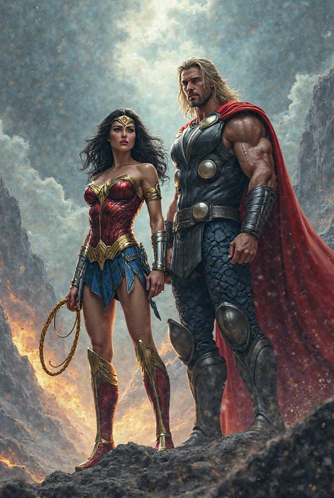 a muscular man and a woman in a fantasy landscape, ((in the style of Earl Norem)), he-man and she-ra princess of power, masterpiece, oil painting, detailed faces, very detailed eyes, realistic skin texture, intricate details, vibrant colors, dramatic lighting, dynamic poses, lush vegetation, fantastical architecture, sweeping vistas, epic scale, photorealistic rendering, cinematic composition