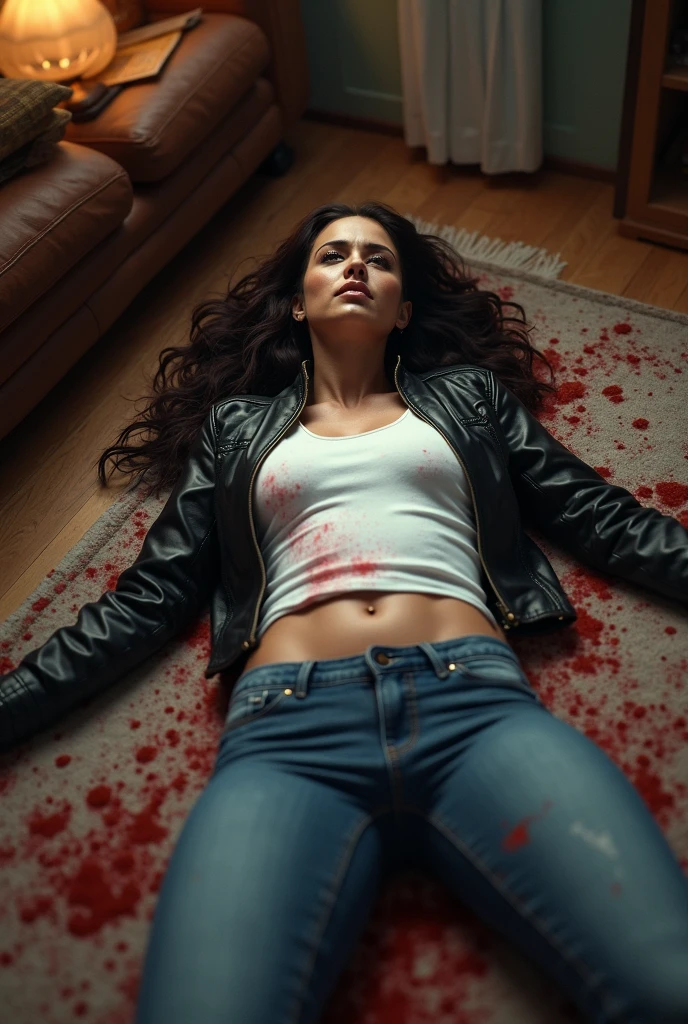 ((melhor qualidade)) ((hiper realista)) ((hiper detalhado)) sprawled of a Hot and beautiful brunette girl, with a perfect body and legs, big boobs, curly hair, beautiful nose, beautiful mouth, dressing sexy tshirt and shorts, murdered dead in a crime scene with small wholes in your body by gunshots, blood dripping of The body. Closed eyes (feet and legs in Photo)