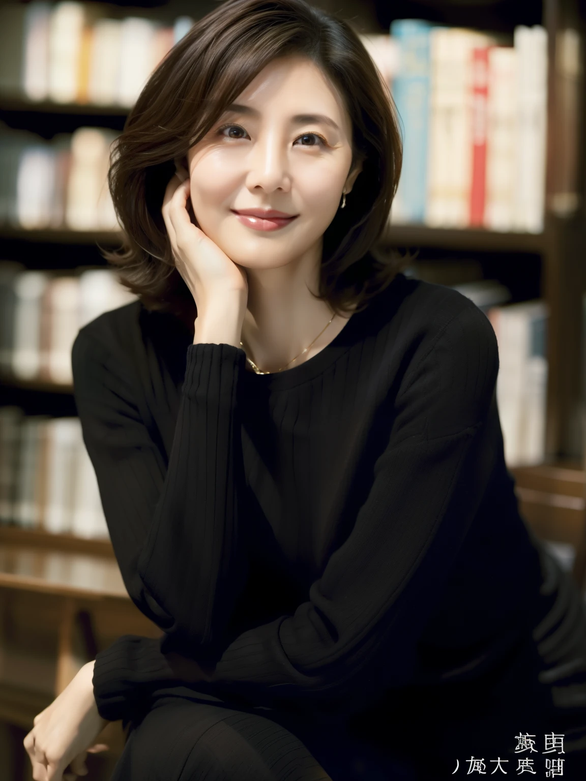 ((masterpiece))、((best quality))、 photos、reality、 increased depth of field、Secretary 40 years old、 Kind Face、 short hair、 realistic background 、big soft bust、sexy lips、A quiet and dark library、high ceiling、knit t-shirt、shows chest shape、sexy smile、bold pose、 large space 、full body、loose long skirt、 Indirect Lighting、