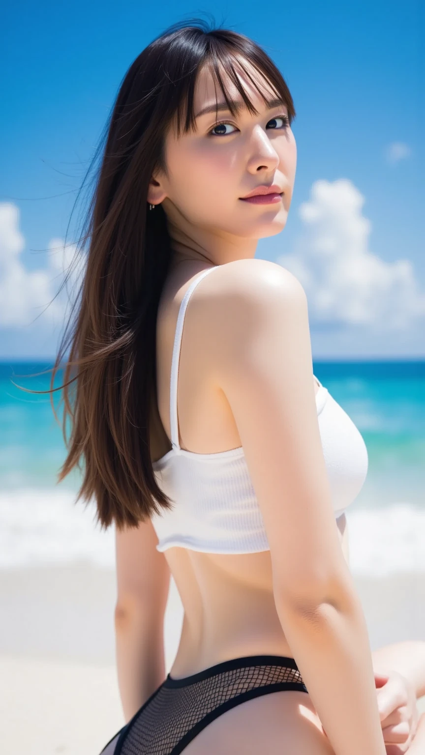 ((最high quality)), Like a photograph,high quality, 8k resolution",Beautiful 19 year old girl,summer,The girl sways beautifully in the sea breeze、graceful hair,Sad profile,Ocean view，evening，Coastal Cafe