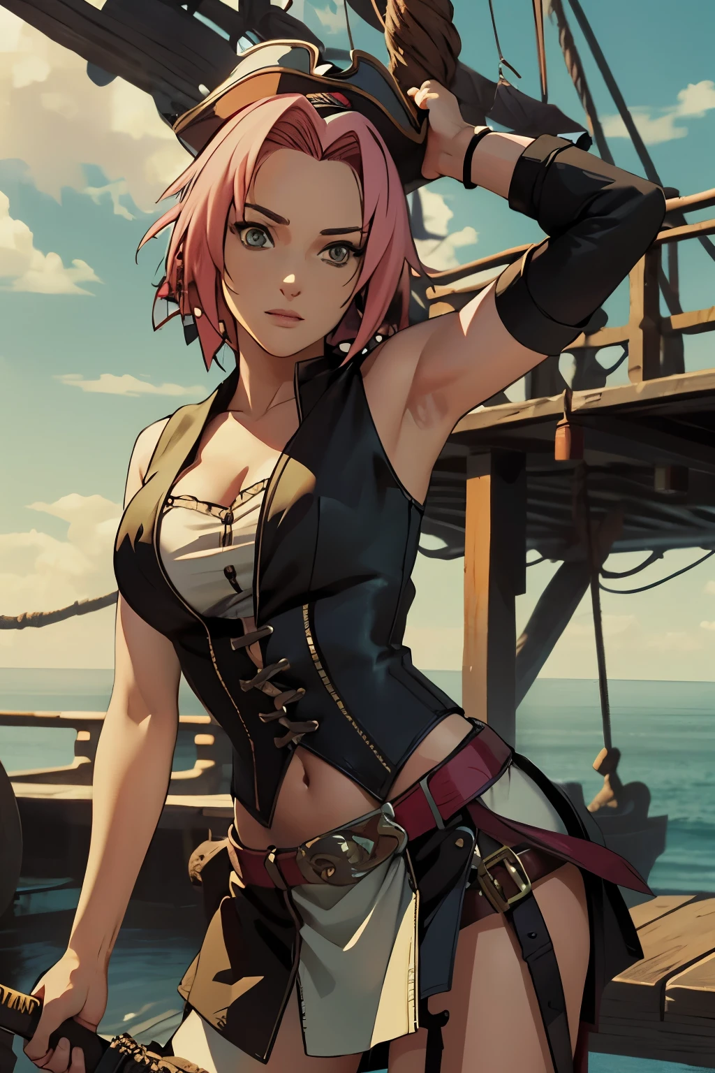 Sakura Haruno, as a female pirate, wearing sleeveless female pirate outfit with corset, in the middle of pirate ship during the day, wearing pirate hat, and a sword on her hip