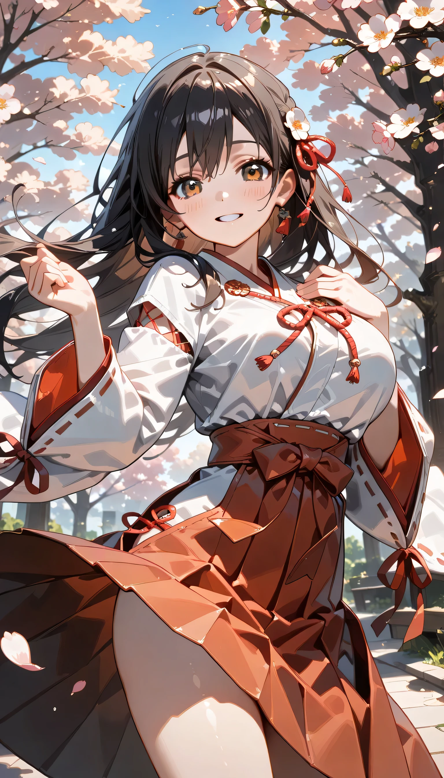 ((ultra-detailed)), (highly detailed CG illustration), (best quality:1.2), ultra-highly detailed, colorful composition, artistic photoshoot, ((thigh to top:1.4)), ((cowboy shot:1.4)), moe anime character, girl, dainty facial structure, (bab(round face), ((rounded chin:1.2)), ((ideal ratio body proportions)), celia-default, celia claire, black hair, blue eyes, red ribbon, hair ribbon, japanese clothes, miko, hakama skirt, red hakama, white kimono, ample breasts, wide sleeves, looking at viewer, slight, ((smile:1.5)), ((happy:1.4)), ((joyful:1.4)), ((blush:1.4)), beautiful detailed sky, cherry blossom petals, cherry trees, row of cherry trees, breeze, petals dancing in the wind, portrait, depth of field, soft lighting, sidelighting, (shine), lighting, caustics, ray tracing, smile, perfect face, lustrous skin, highly detailed face, highly detailed eyes, perfect face, perfect nose, perfect hair, perfect eyes, perfect anatomy, beautiful hair, beautiful small face, extremely detailed face, beautiful detailed eyes, beautiful clavicle, beautiful body, beautiful huge breasts, leavage, breasts squeezed together, equalize the size of the left and right breasts, beautiful thin thighs, beautiful legs, beautiful fingers, 4 fingers, 1 thumb, lovely, (very detailed background:1.0), (highly detailed background:1.0), spring aesthetic, intricate details, joyful atmosphere, spring colors palette, chromatic aberration