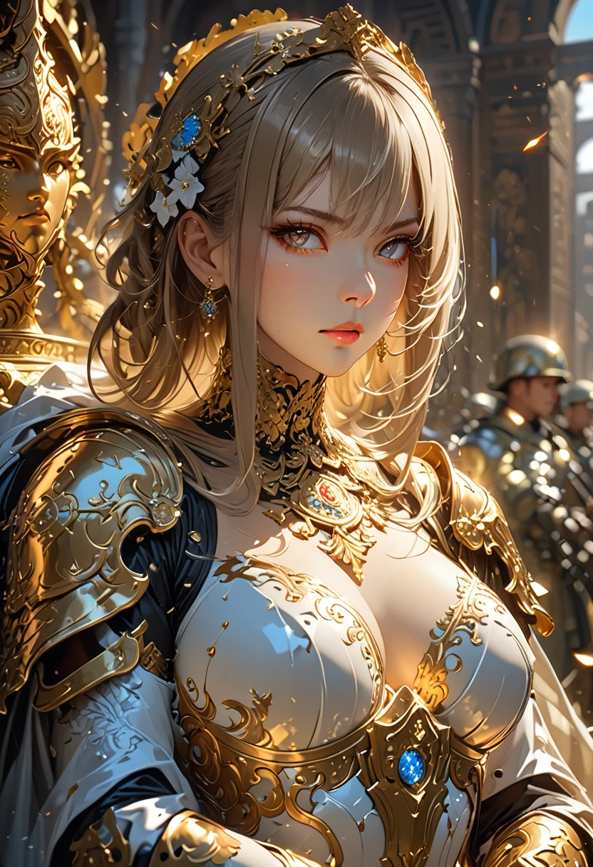 ((Best quality)), ((masterpiece)), ((highly intricate details)),beautiful, high quality, highres, absurdres, light difussion, intricate details, complex details, ((anime)), (anime:1.2) , (perfect face:1.3), extreme detailed eyes, colorful, highest detailed, vibrant colors, high contrast, (8K UHD:1.2), (photorealistic:1.2),(masterpiece:1.4), (best quality:1.4), realistic, 1girl
medium breasts, wavy hair, masterpiece, high quality, 3d, 8k cg, intricate details, detailed background, sacred. ornaments, byDylanKowalski, ((1boy)), upper body, muscular, skindentation, looking to the side, short hair, prosthesis, mechanical arms, synthetic skin, porcelain, pearl, holographic, titanium, diamond, ruby, sapphire, gemstones, clockwork, grunge, worn edges, armor, face and dark skin typical brazilian girl, white short hair