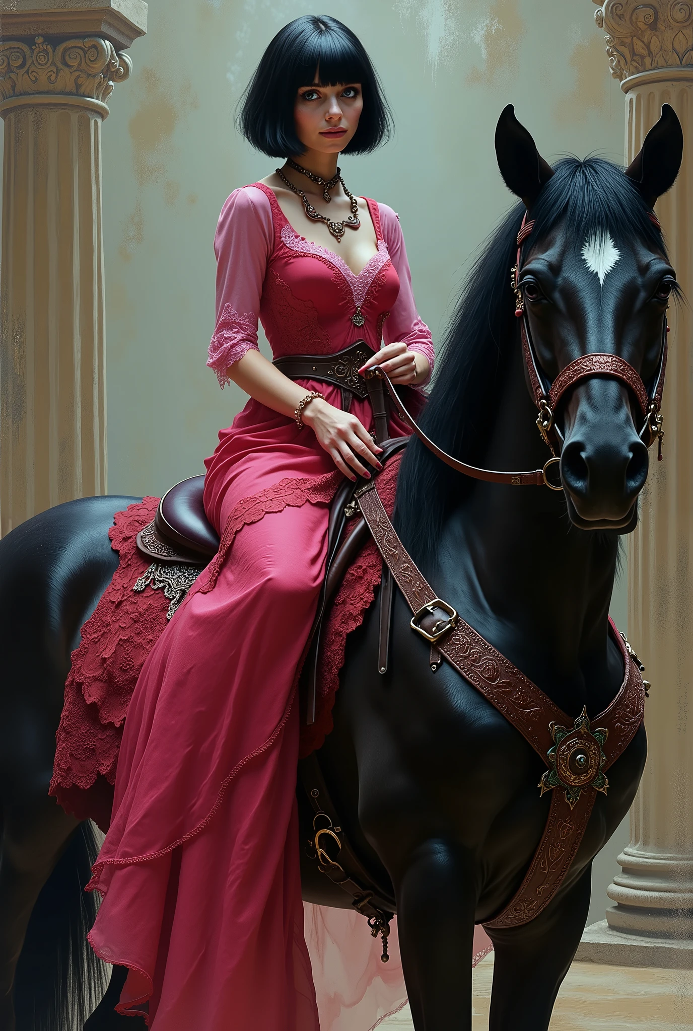 Young emotive woman, black hair cut in a bob, blue black eyes, dressed in a pink red gothic style dress, holding an ornate leather sachel, wearing an ornate leather and lace stove pipe hat, riding a large sleek black horse with ornate saddle and briddle, flowing tail and mane, hyperdetailed painting style.