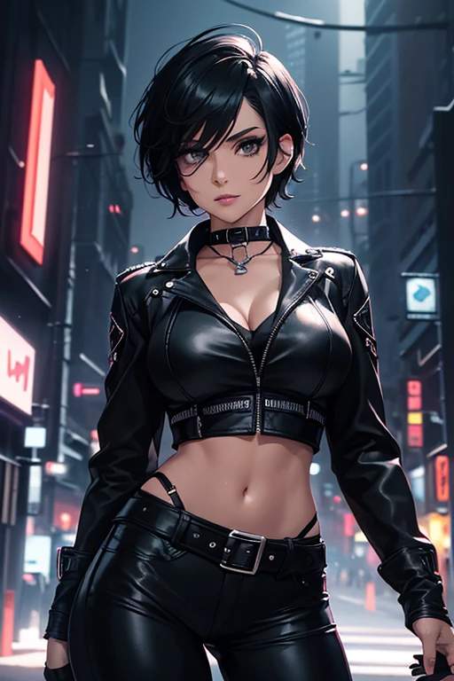 sexy girl, black lipstick, short hair, black stockings, thick ass, clothes, solo, cyberpunk, cyberpunk style, clothes in cyberpunk style. Fully dressed
