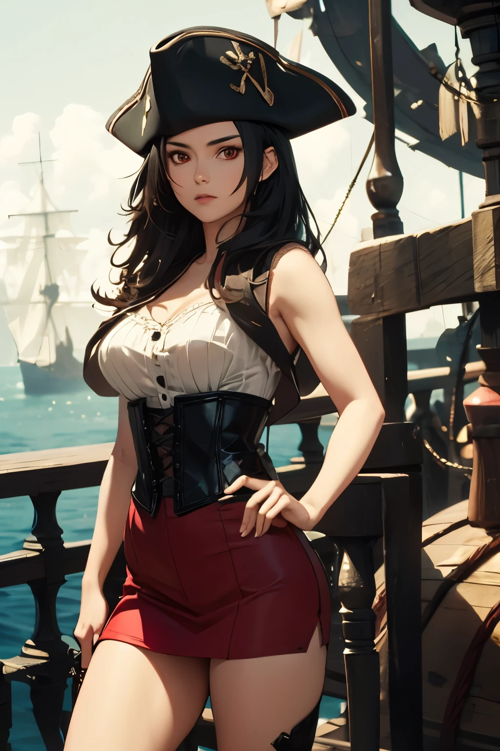 Kurenai Yuhi, as a female pirate, wearing sleeveless female pirate outfit with corset, in the middle of pirate ship during the day, wearing pirate hat, and a sword on her hip, long messy black hair, with red eyes