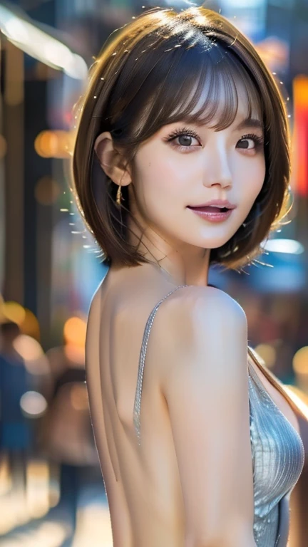 Best-quality, Masterpiece, Ultra-High-Resolution, (Photorealistic:1.4), Raw Photo, depth of field, professional lighting, perfect anatomy, extremely details, 1girl, Japanese idol, upper body, rampaging at party hall, wearing gorgeous evening-dress, (extremely cute face, ((extremely beautiful and extremely big eyes)), extremely beautiful short-cut-haired, extremely beautiful skins), realistic skin texture, extremely beautiful long-eyelashes, extremely beautiful lips, looking at viewer, innocent-smile, detailed party-hall, detailed gorgeous-evening-dress