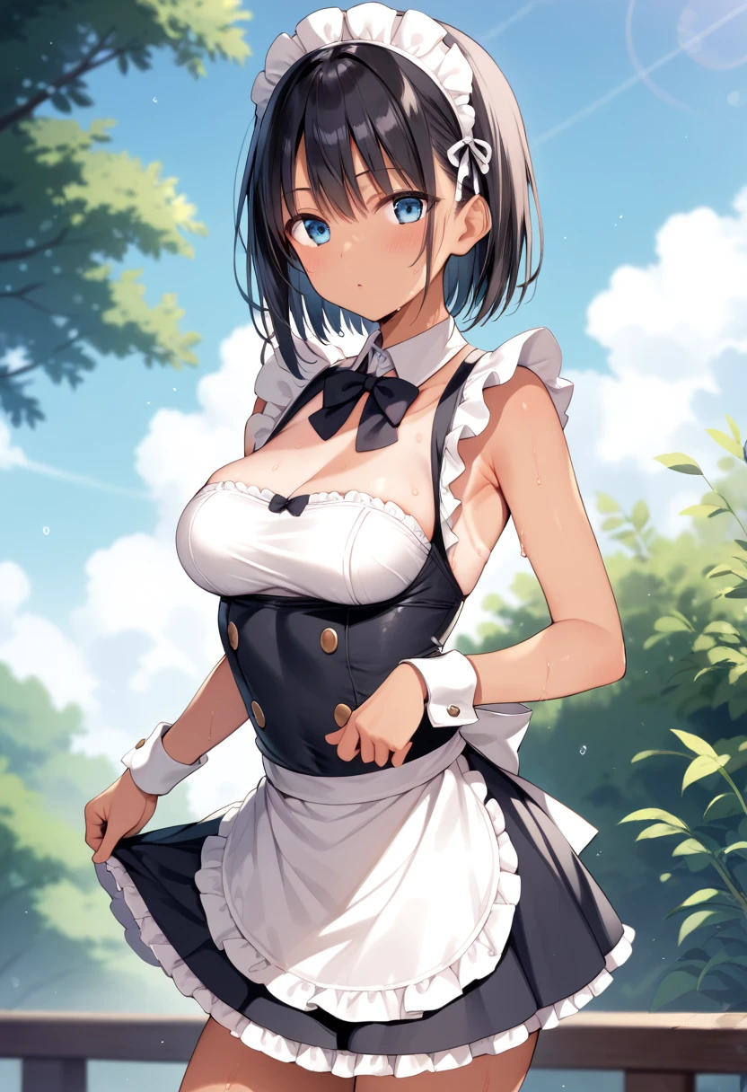 masterpiece, best quality, highres, Maemiku, short hair, fang, maid headdress, maid, dress, apron, garden, standing, arms at sides, bluse sky,Very large breasts、Exposing the breasts、Bare your breasts、Nipples、Micro Mini Skirt、Black Pantyhose