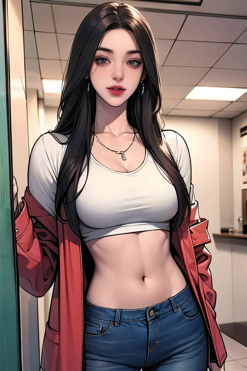 good anatomy, high-res, fit abdomen, perfect abdomen, modern england clothes, good clothes, great fashion, , beautiful young woman, pale skin, hazel eyes, soft red lipstick, soft black eyeliner, makeup, university clothes, university uniform, standing, posing, hiding hands, confident, earrings, necklace, black long hair, university student, red open jacket, crop top, jeans, anime hairstyle